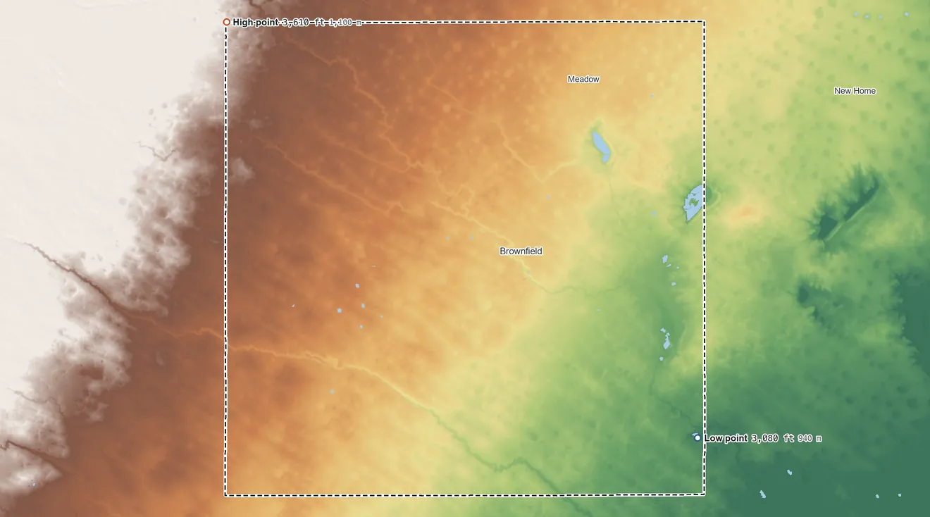 Topographic elevation map of Terry County, Texas, shaded from 3,080 ft on the southeast side to 3,610 ft on the northwest side