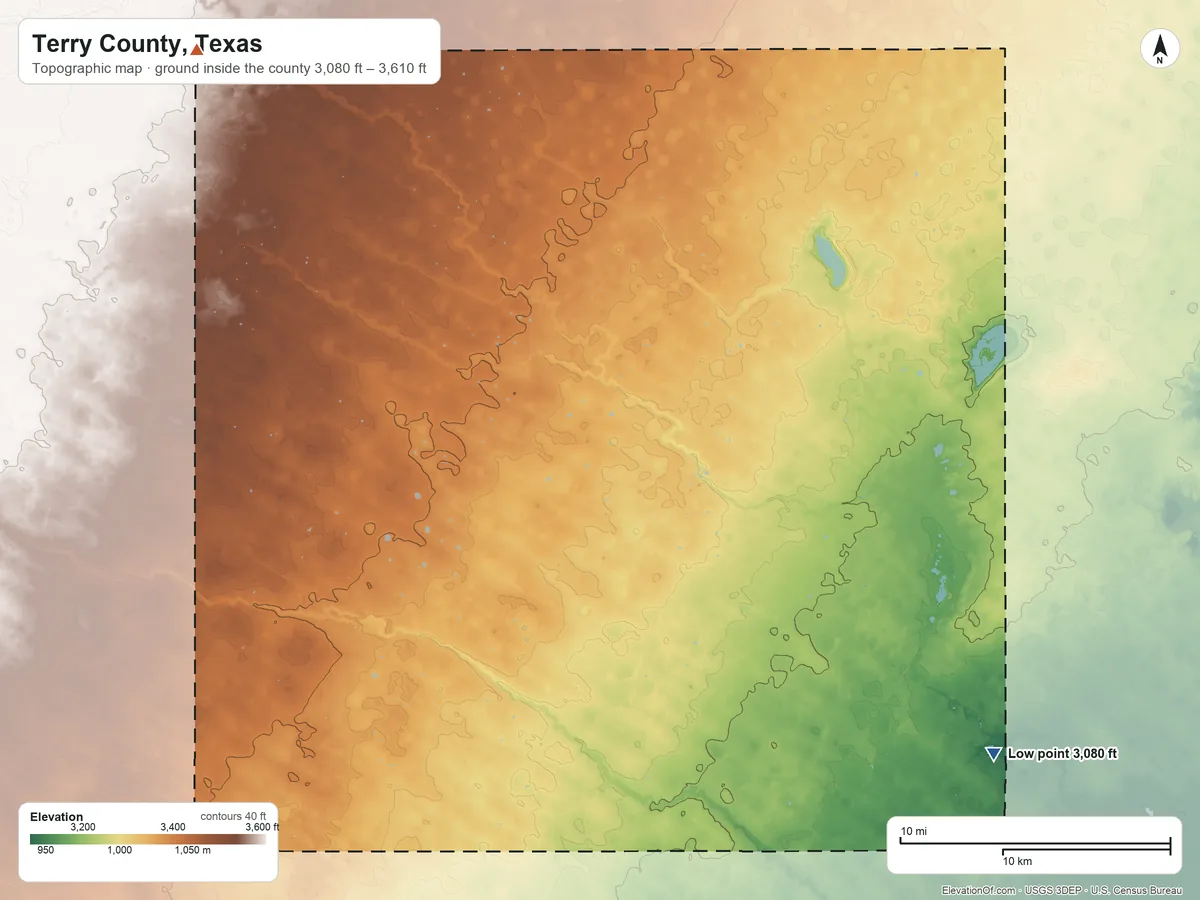 Topographic elevation map of Terry County, Texas, shaded from 3,080 ft on the southeast side to 3,610 ft on the northwest side