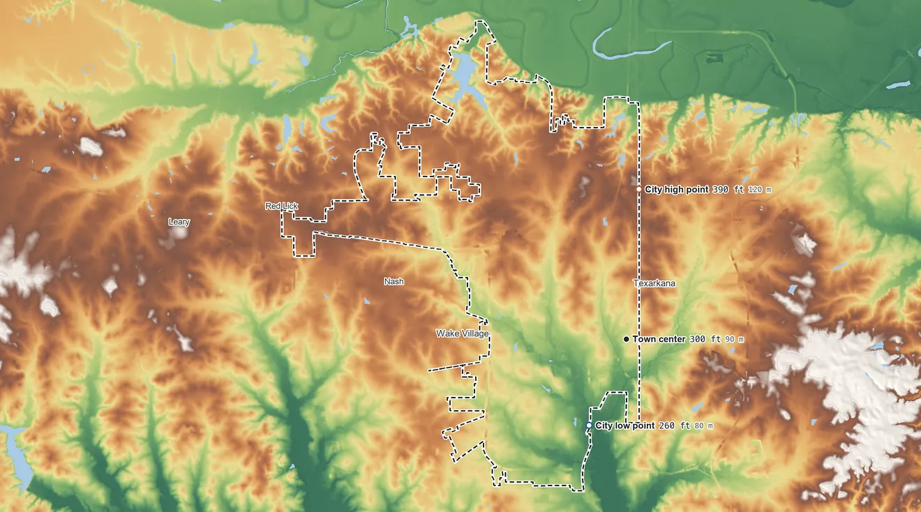 Topographic elevation map of Texarkana, Texas, shaded from 260 ft on the southwest side to 390 ft on the north side