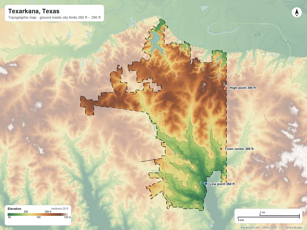 Topographic elevation map of Texarkana, Texas, shaded from 260 ft on the southwest side to 390 ft on the north side