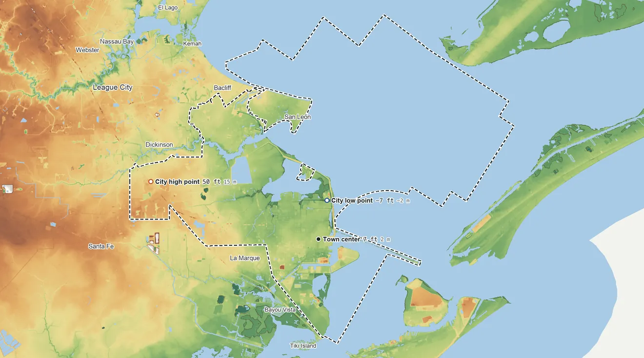 Topographic elevation map of Texas City, Texas, shaded from −7 ft near the middle to 50 ft on the west side