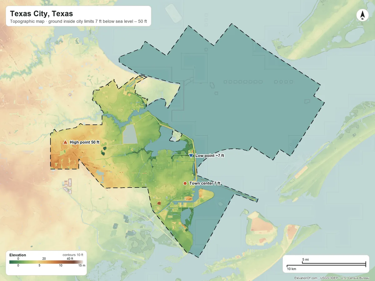 Topographic elevation map of Texas City, Texas, shaded from −7 ft near the middle to 50 ft on the west side