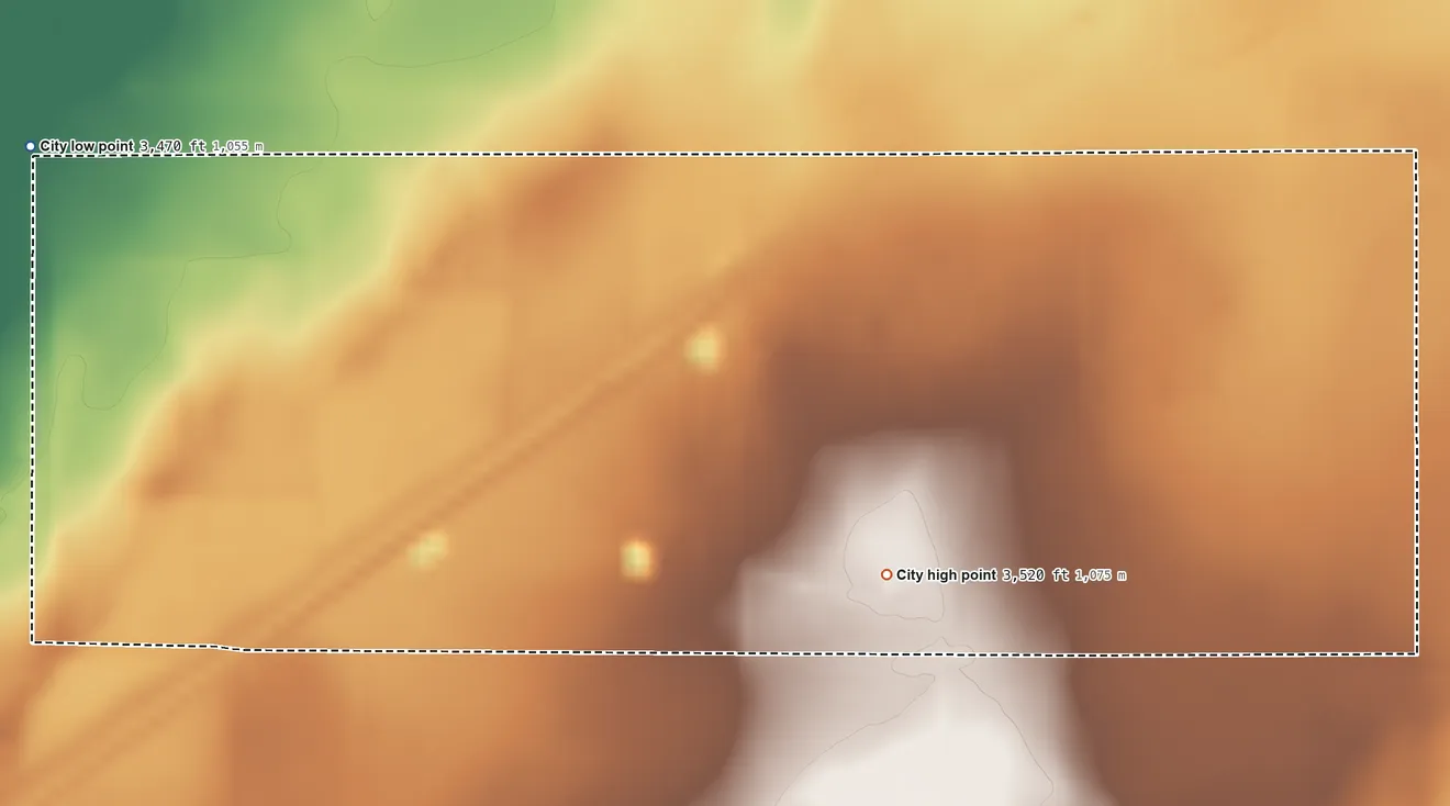 Topographic elevation map of Texhoma, Texas, shaded from 3,470 ft on the west side to 3,520 ft on the southwest side