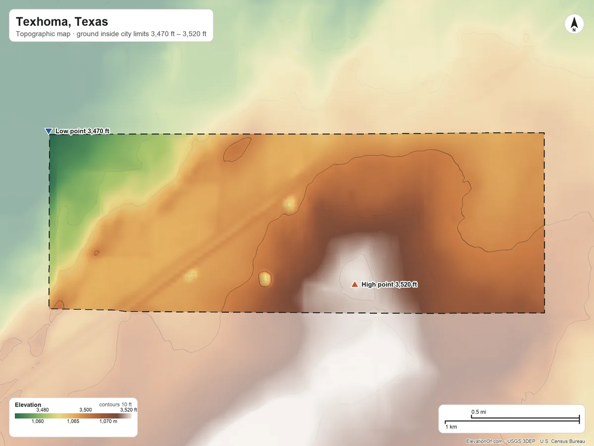 Topographic elevation map of Texhoma, Texas, shaded from 3,470 ft on the west side to 3,520 ft on the southwest side