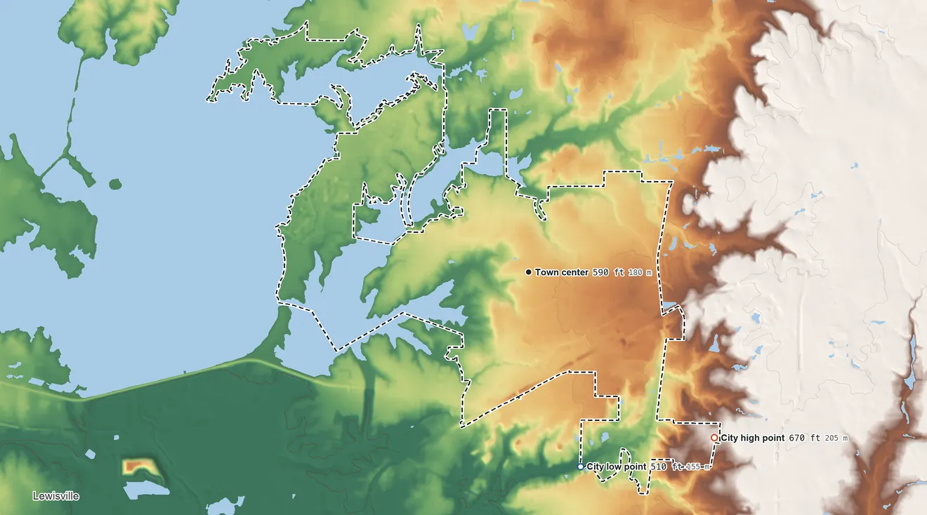 Topographic elevation map of The Colony, Texas, shaded from 510 ft on the south side to 670 ft on the southeast side