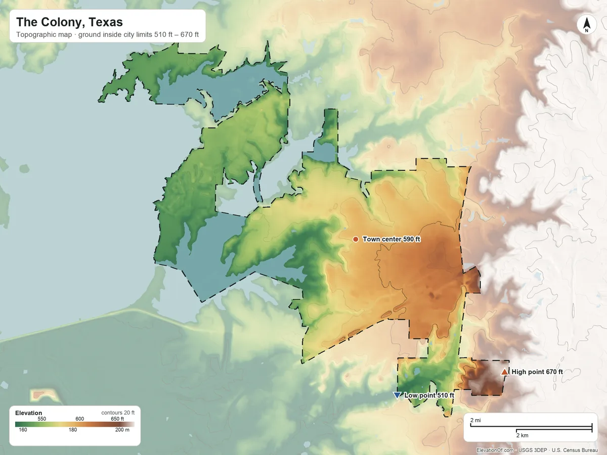 Topographic elevation map of The Colony, Texas, shaded from 510 ft on the south side to 670 ft on the southeast side