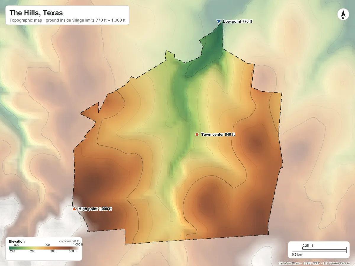 Topographic elevation map of The Hills, Texas, shaded from 770 ft on the north side to 1,000 ft on the southwest side