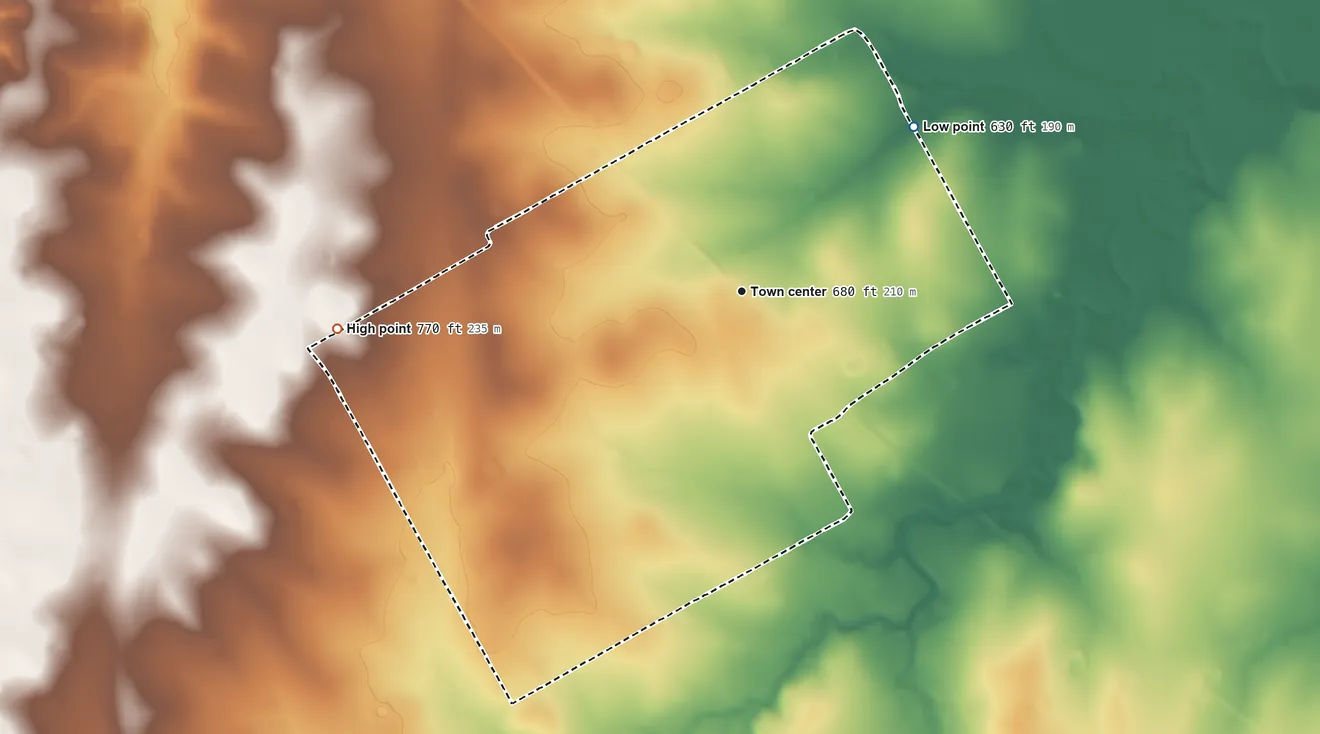 Topographic elevation map of The Homesteads, Texas, shaded from 630 ft on the northeast side to 770 ft on the west side