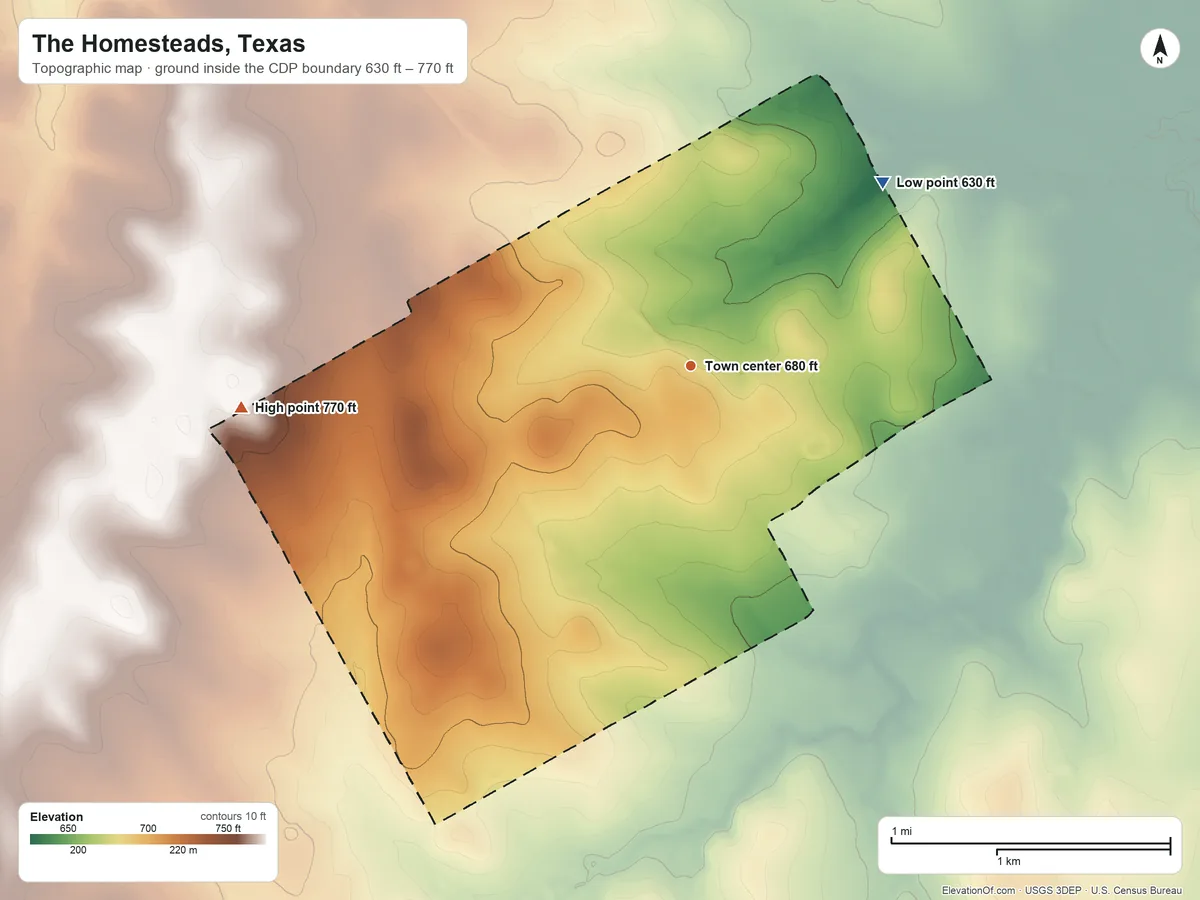 Topographic elevation map of The Homesteads, Texas, shaded from 630 ft on the northeast side to 770 ft on the west side