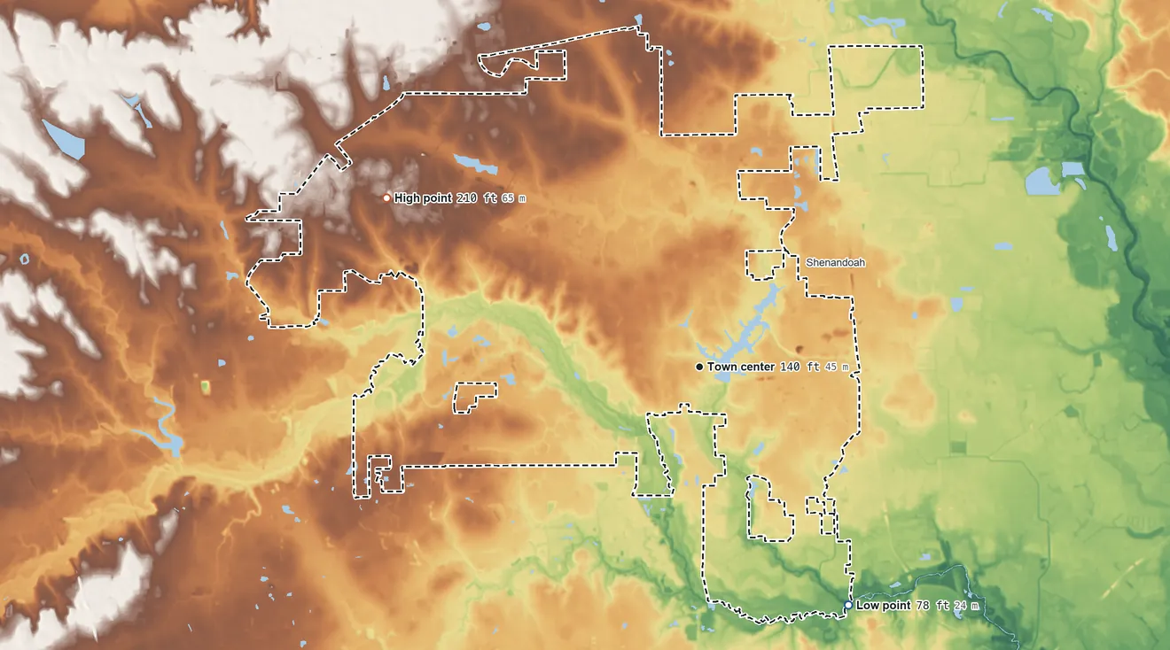 Topographic elevation map of The Woodlands, Texas, shaded from 78 ft on the southeast side to 210 ft on the northwest side