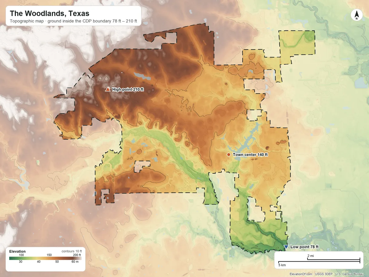 Topographic elevation map of The Woodlands, Texas, shaded from 78 ft on the southeast side to 210 ft on the northwest side