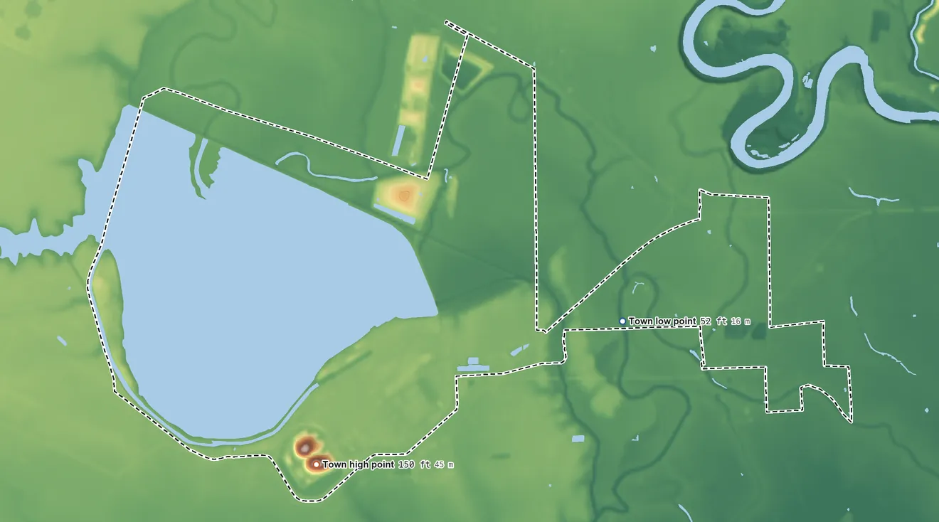 Topographic elevation map of Thompsons, Texas, shaded from 52 ft near the middle to 150 ft on the southwest side
