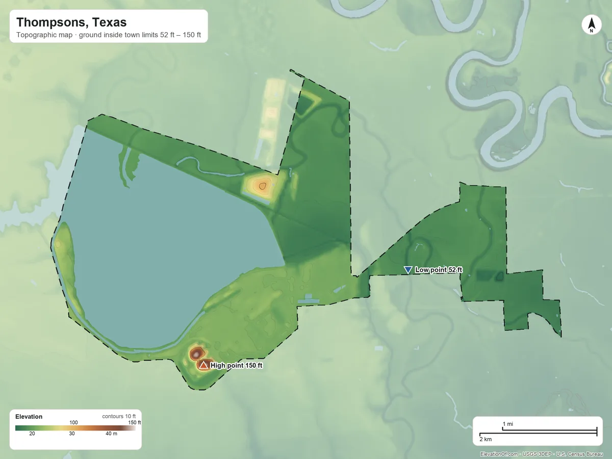 Topographic elevation map of Thompsons, Texas, shaded from 52 ft near the middle to 150 ft on the southwest side