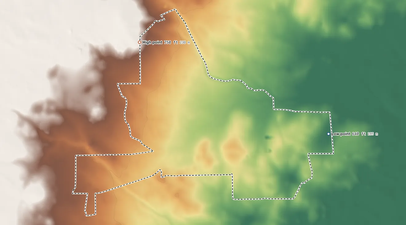 Topographic elevation map of Thompsonville, Texas, shaded from 640 ft on the east side to 750 ft on the northwest side
