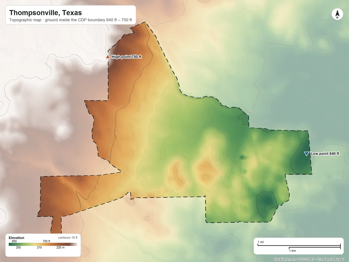 Topographic elevation map of Thompsonville, Texas, shaded from 640 ft on the east side to 750 ft on the northwest side