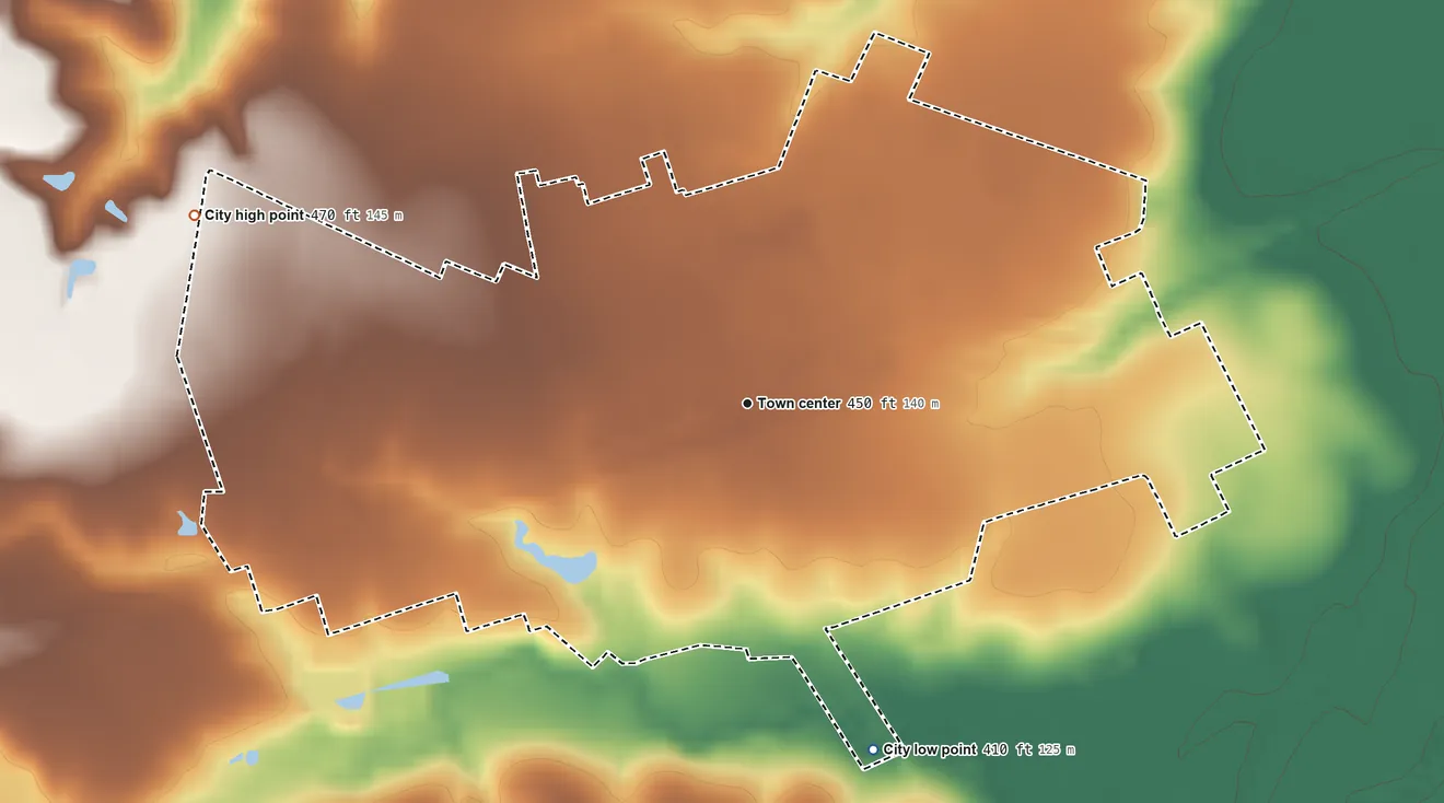 Topographic elevation map of Thorndale, Texas, shaded from 410 ft on the south side to 470 ft on the west side