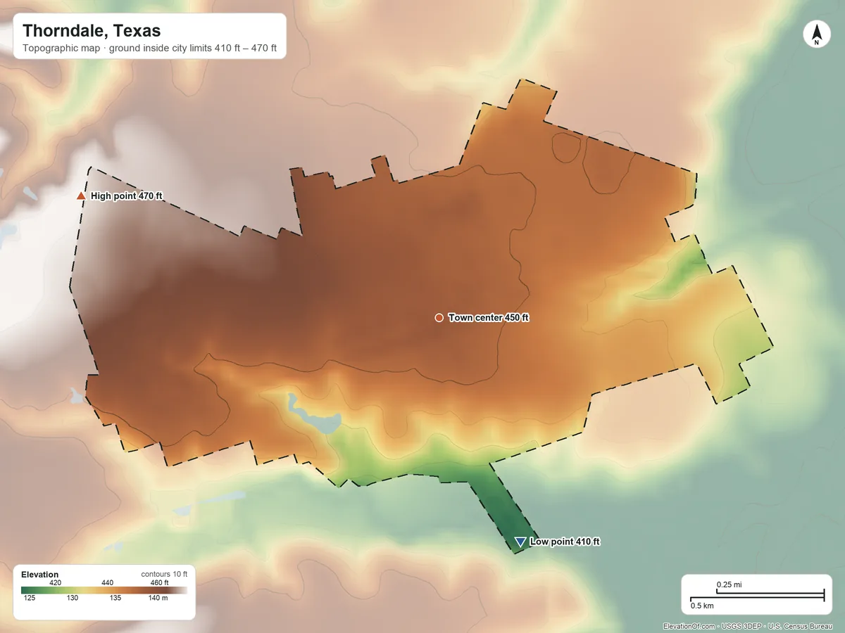 Topographic elevation map of Thorndale, Texas, shaded from 410 ft on the south side to 470 ft on the west side
