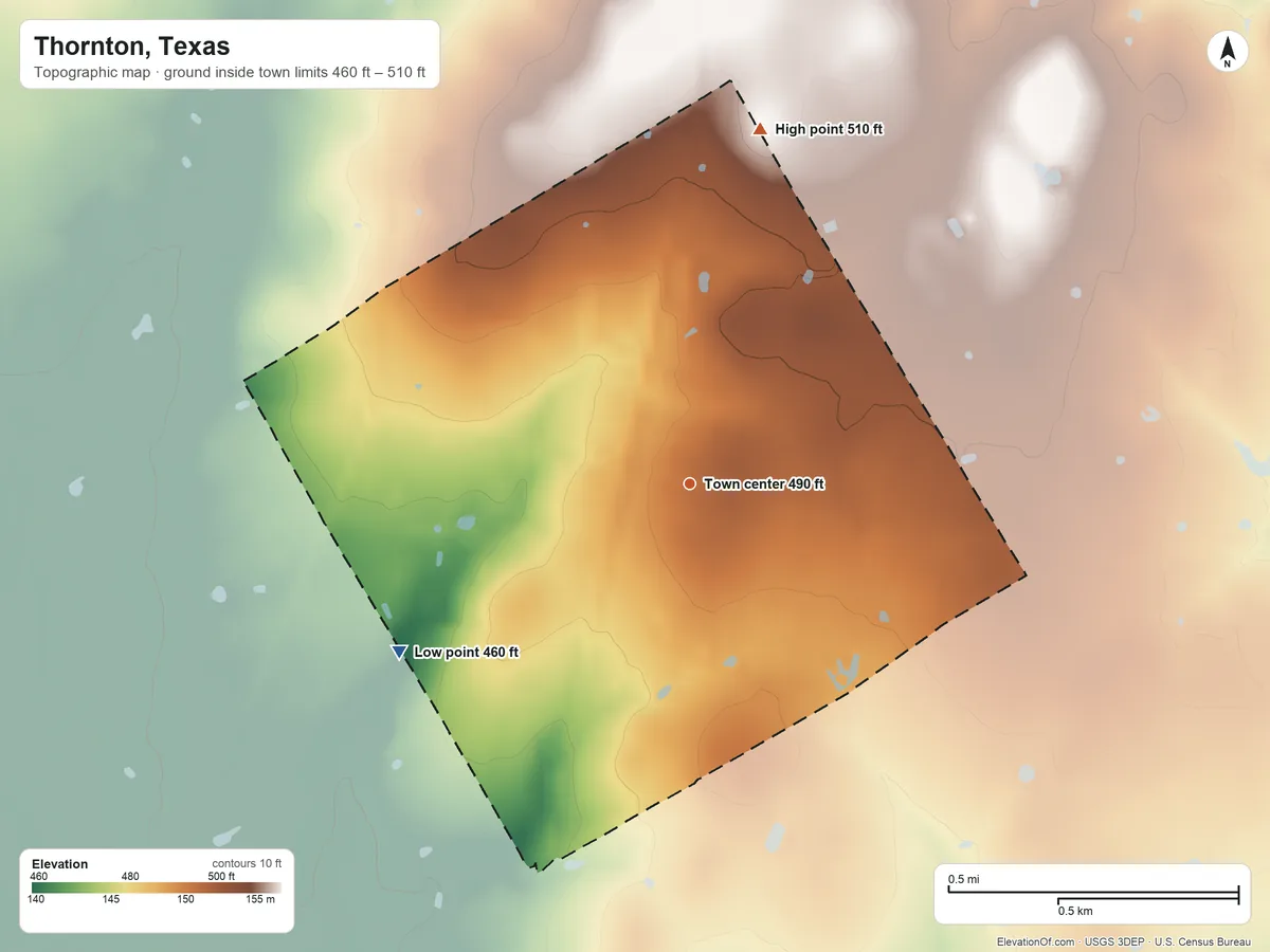 Topographic elevation map of Thornton, Texas, shaded from 460 ft on the southwest side to 510 ft on the north side
