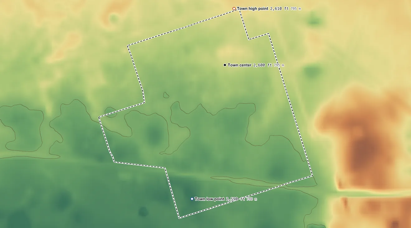 Topographic elevation map of Thorntonville, Texas, shaded from 2,590 ft on the south side to 2,610 ft on the north side