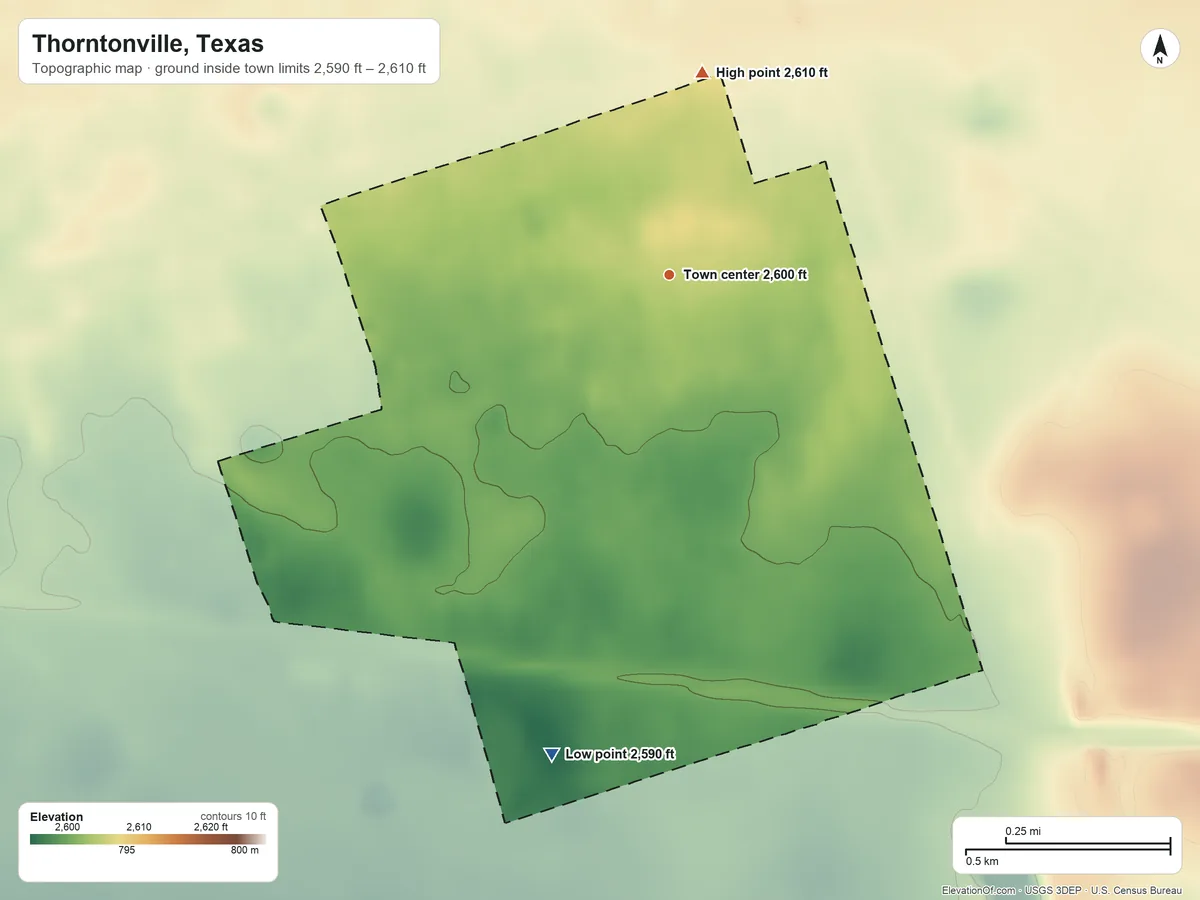 Topographic elevation map of Thorntonville, Texas, shaded from 2,590 ft on the south side to 2,610 ft on the north side