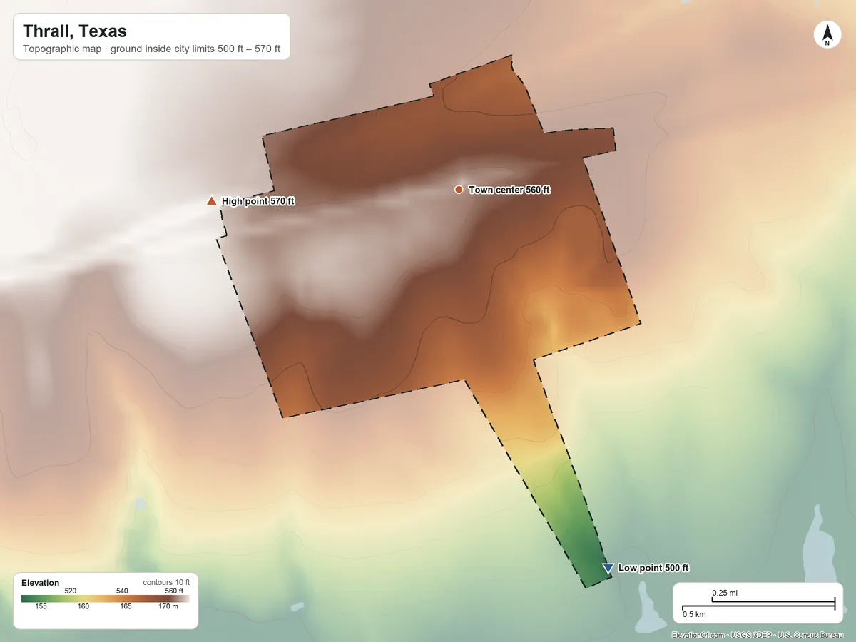 Topographic elevation map of Thrall, Texas, shaded from 500 ft on the south side to 570 ft on the west side