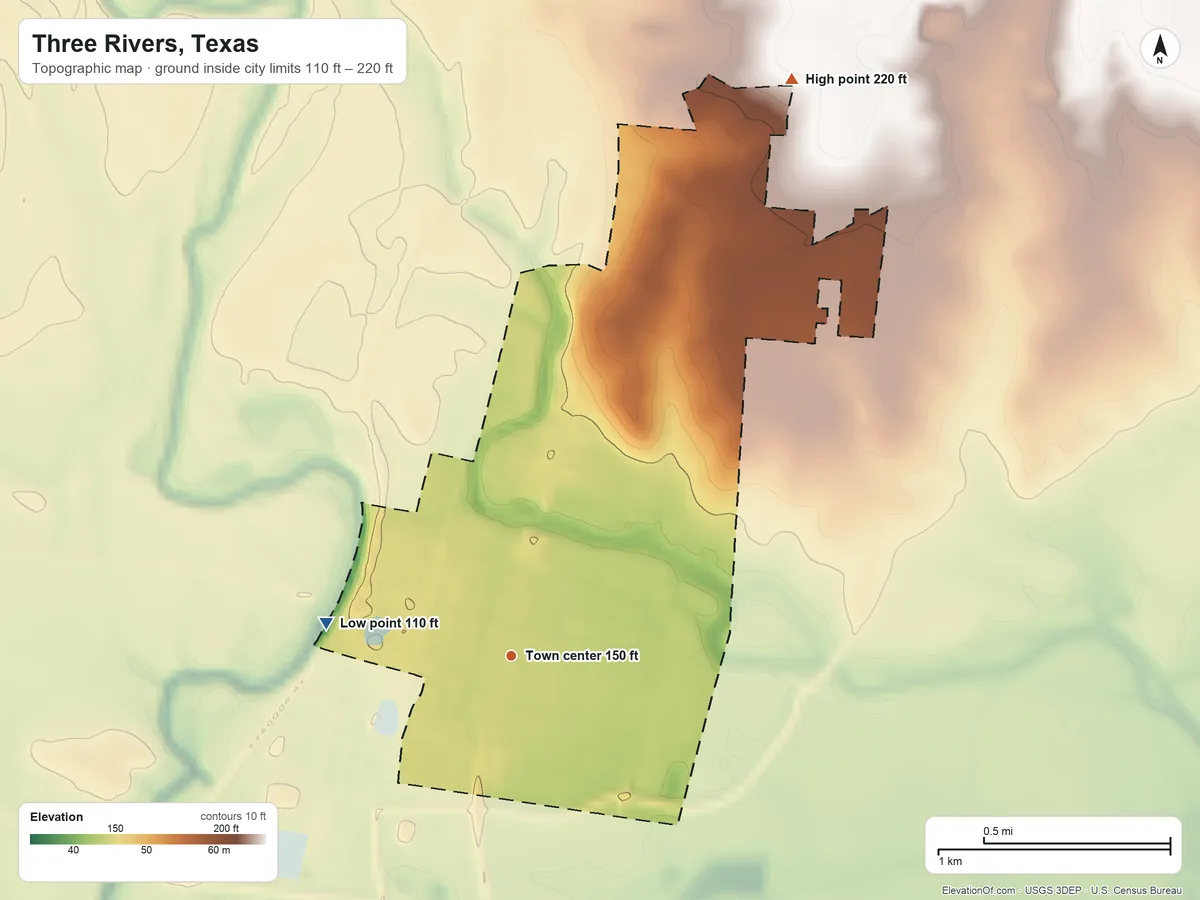 Topographic elevation map of Three Rivers, Texas, shaded from 110 ft on the west side to 220 ft on the northeast side