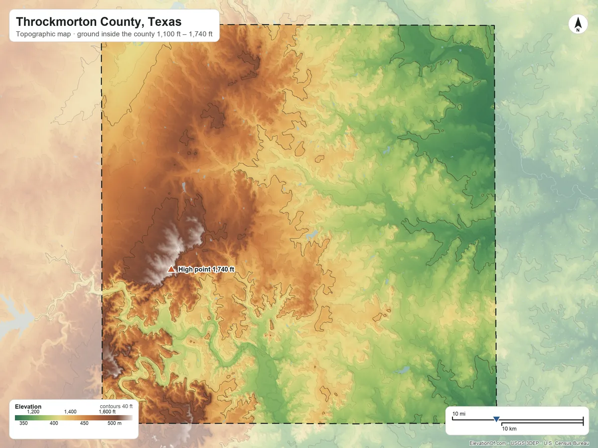 Topographic elevation map of Throckmorton County, Texas, shaded from 1,100 ft on the southeast side to 1,740 ft on the west side