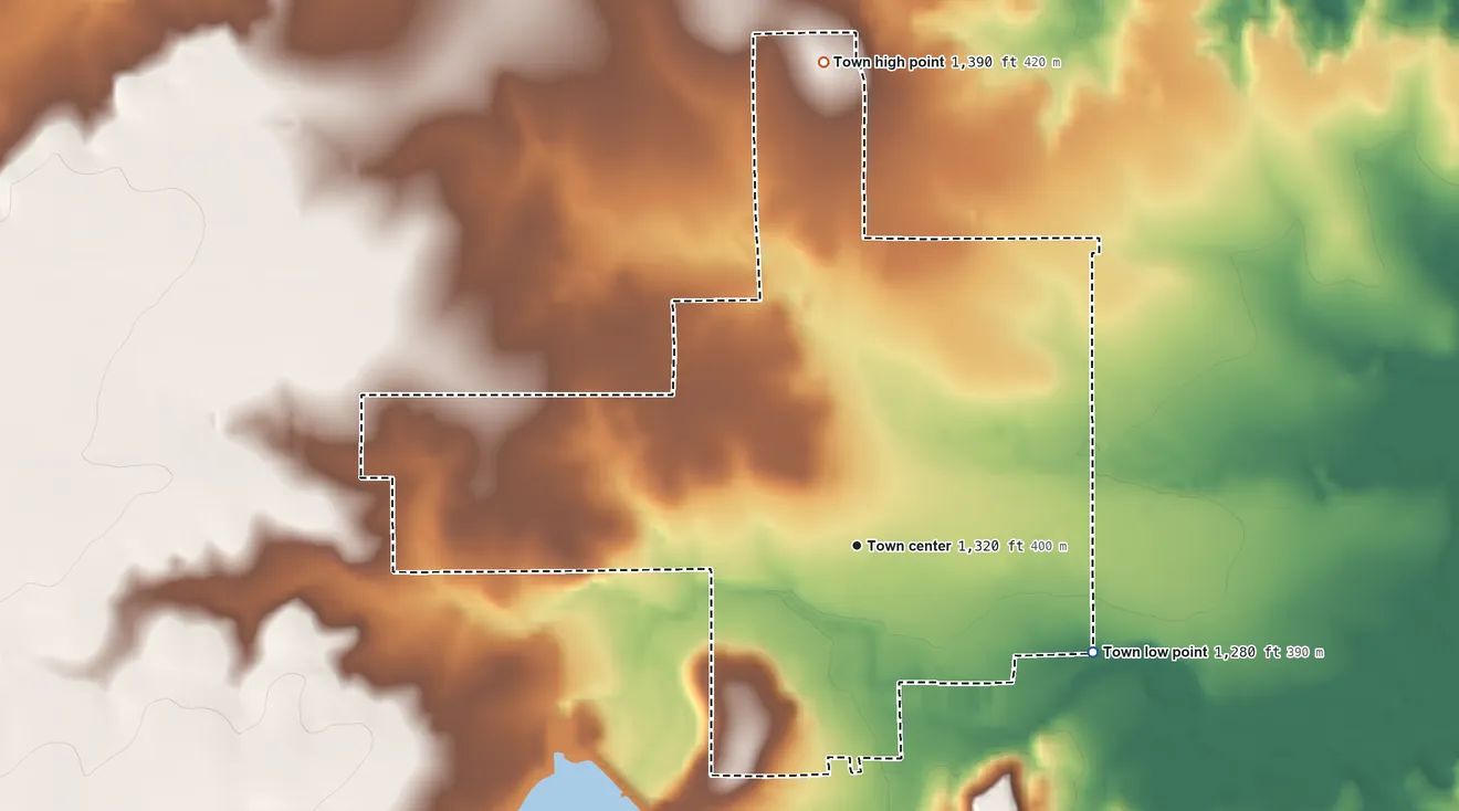 Topographic elevation map of Throckmorton, Texas, shaded from 1,280 ft on the southeast side to 1,390 ft on the north side