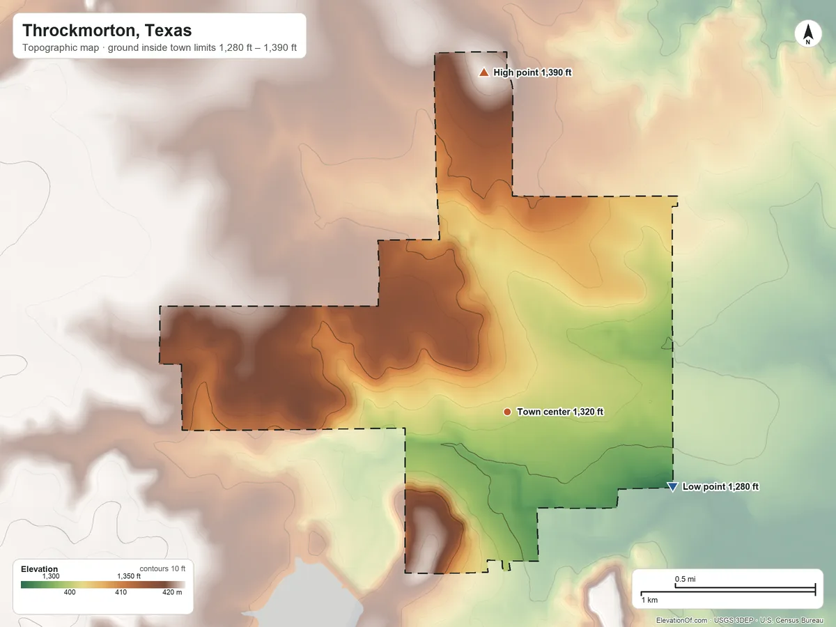 Topographic elevation map of Throckmorton, Texas, shaded from 1,280 ft on the southeast side to 1,390 ft on the north side