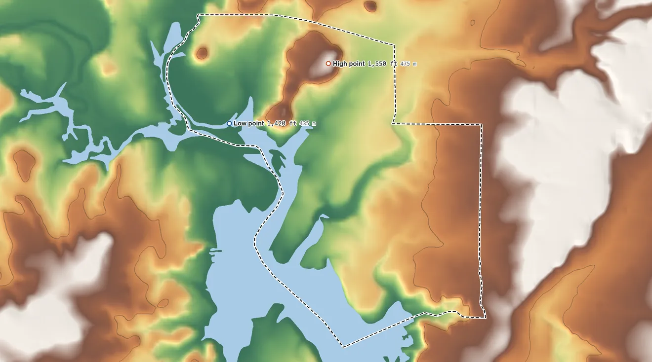 Topographic elevation map of Thunderbird Bay, Texas, shaded from 1,420 ft on the northwest side to 1,550 ft on the north side