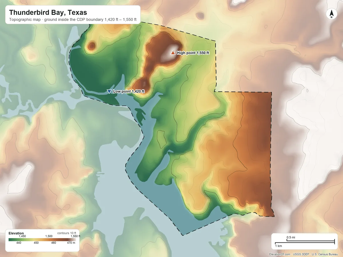 Topographic elevation map of Thunderbird Bay, Texas, shaded from 1,420 ft on the northwest side to 1,550 ft on the north side