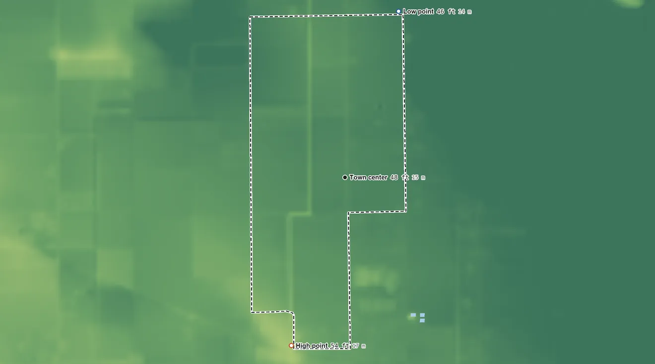 Topographic elevation map of Tierra Bonita, Texas, shaded from 46 ft on the north side to 54 ft on the south side