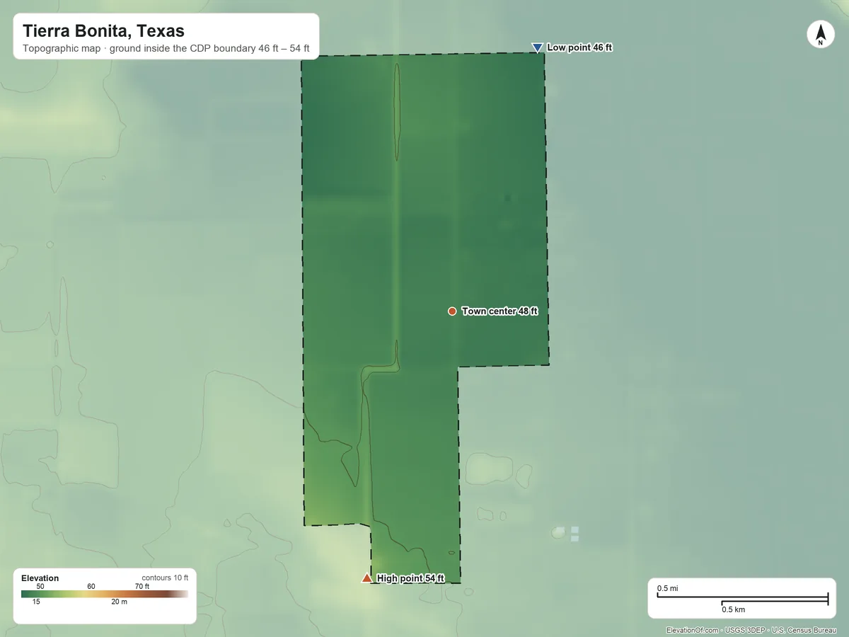 Topographic elevation map of Tierra Bonita, Texas, shaded from 46 ft on the north side to 54 ft on the south side
