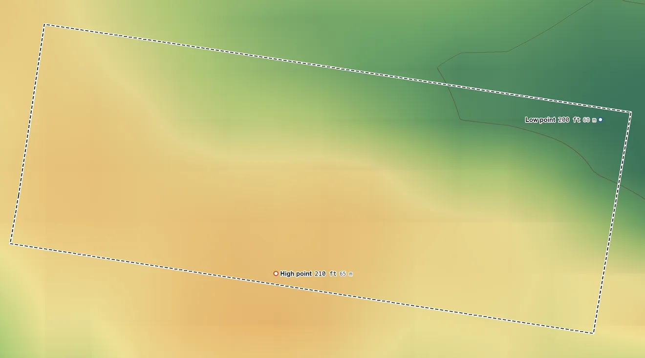 Topographic elevation map of Tierra Dorada, Texas, shaded from 200 ft on the east side to 210 ft on the southwest side