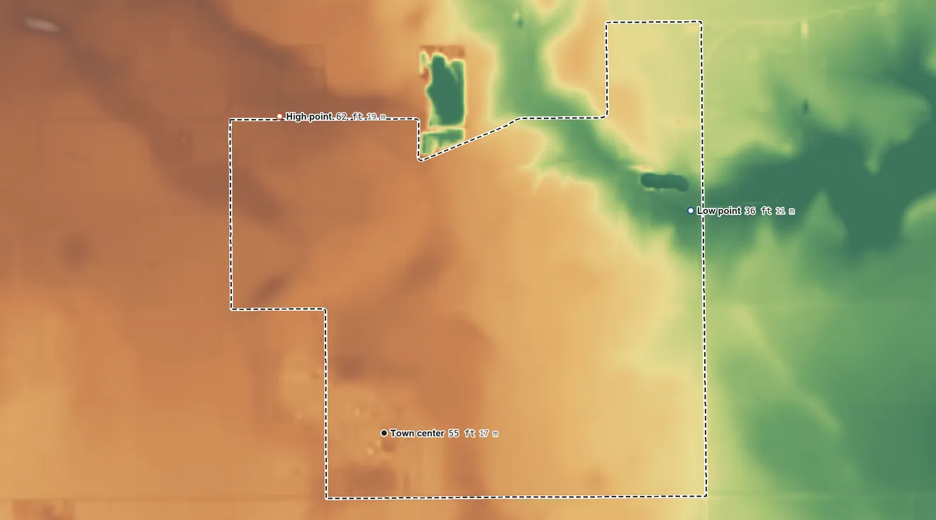 Topographic elevation map of Tierra Grande, Texas, shaded from 36 ft on the northeast side to 62 ft on the north side