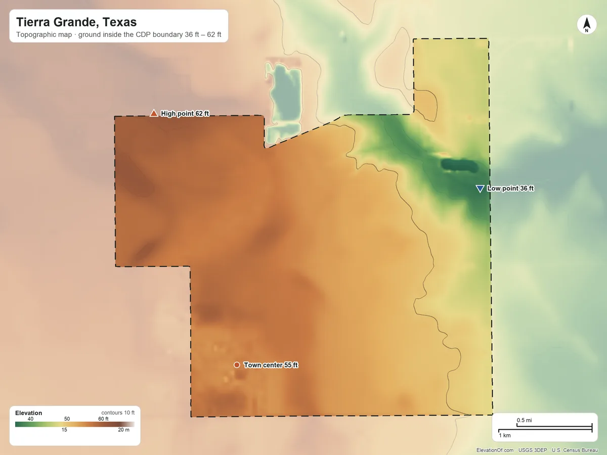 Topographic elevation map of Tierra Grande, Texas, shaded from 36 ft on the northeast side to 62 ft on the north side
