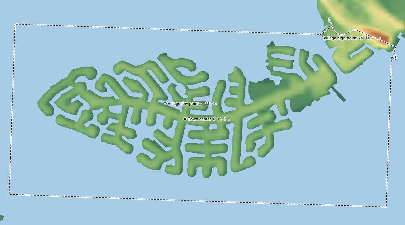 Topographic elevation map of Tiki Island, Texas, shaded from sea level level on Galveston Bay to 24 ft on the northeast side