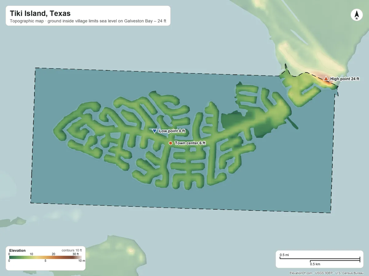Topographic elevation map of Tiki Island, Texas, shaded from sea level level on Galveston Bay to 24 ft on the northeast side