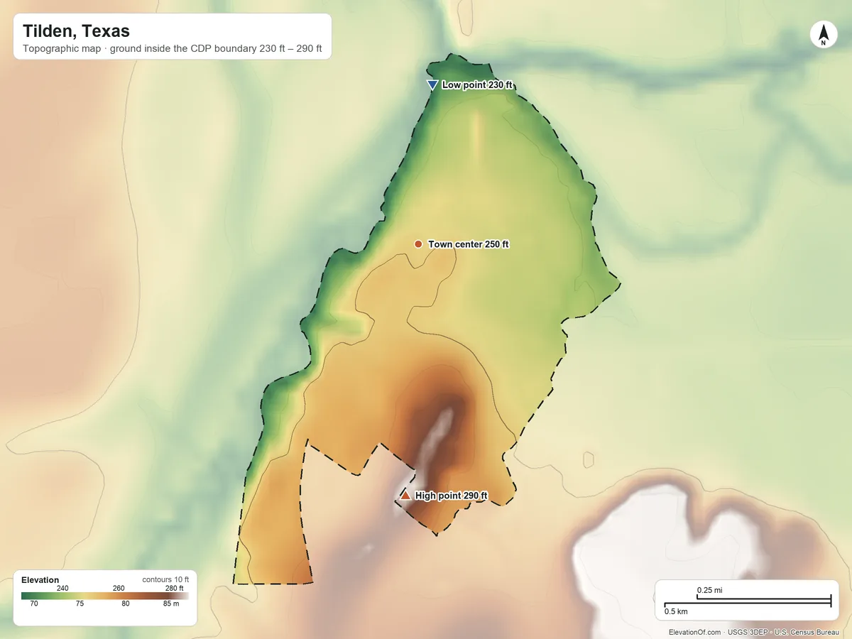Topographic elevation map of Tilden, Texas, shaded from 230 ft on the north side to 290 ft on the south side