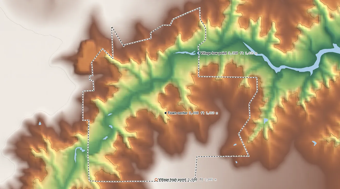 Topographic elevation map of Timbercreek Canyon, Texas, shaded from 3,390 ft on the northeast side to 3,600 ft on the south side