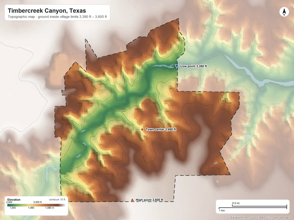 Topographic elevation map of Timbercreek Canyon, Texas, shaded from 3,390 ft on the northeast side to 3,600 ft on the south side
