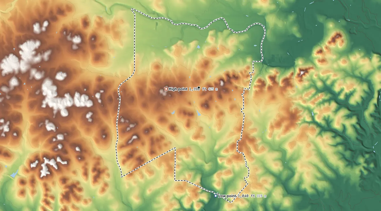 Topographic elevation map of Timberwood Park, Texas, shaded from 1,040 ft on the south side to 1,390 ft on the west side