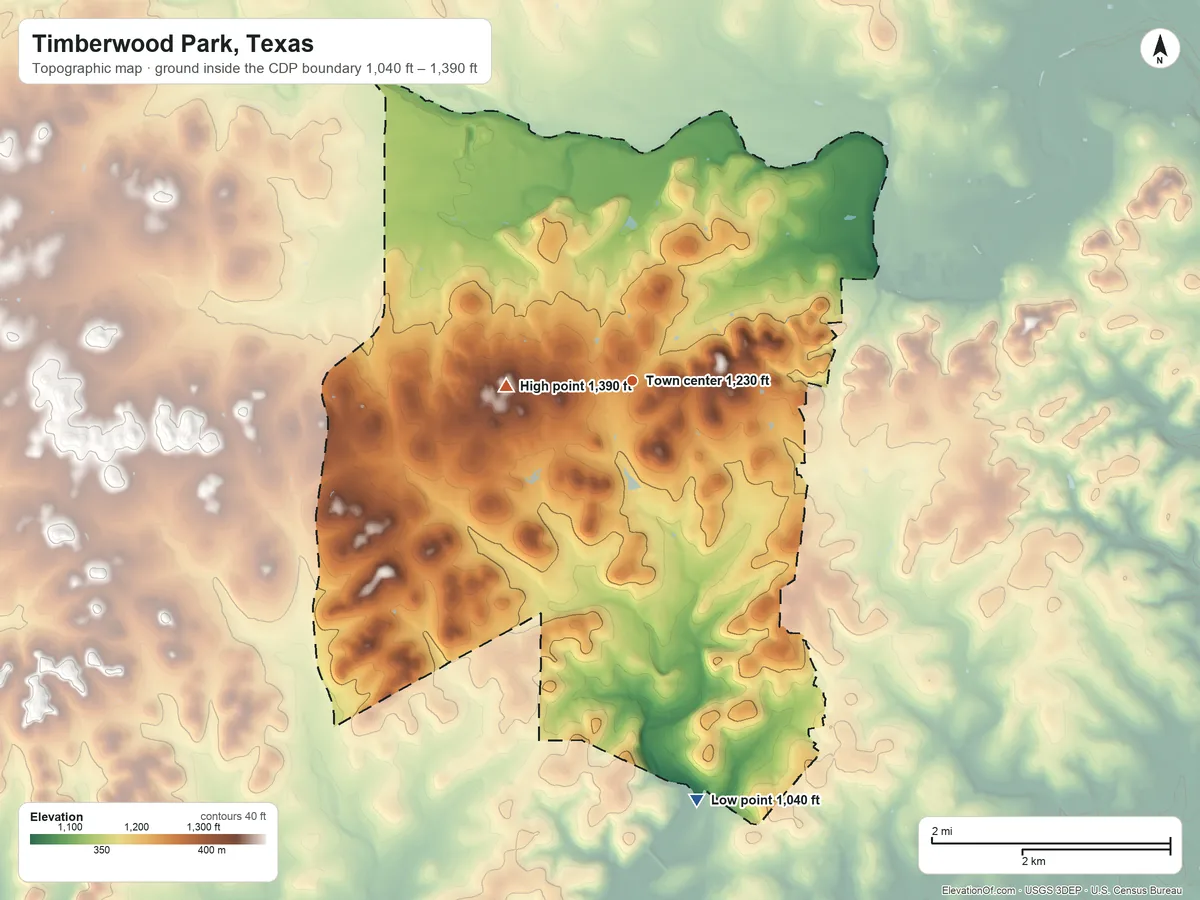 Topographic elevation map of Timberwood Park, Texas, shaded from 1,040 ft on the south side to 1,390 ft on the west side