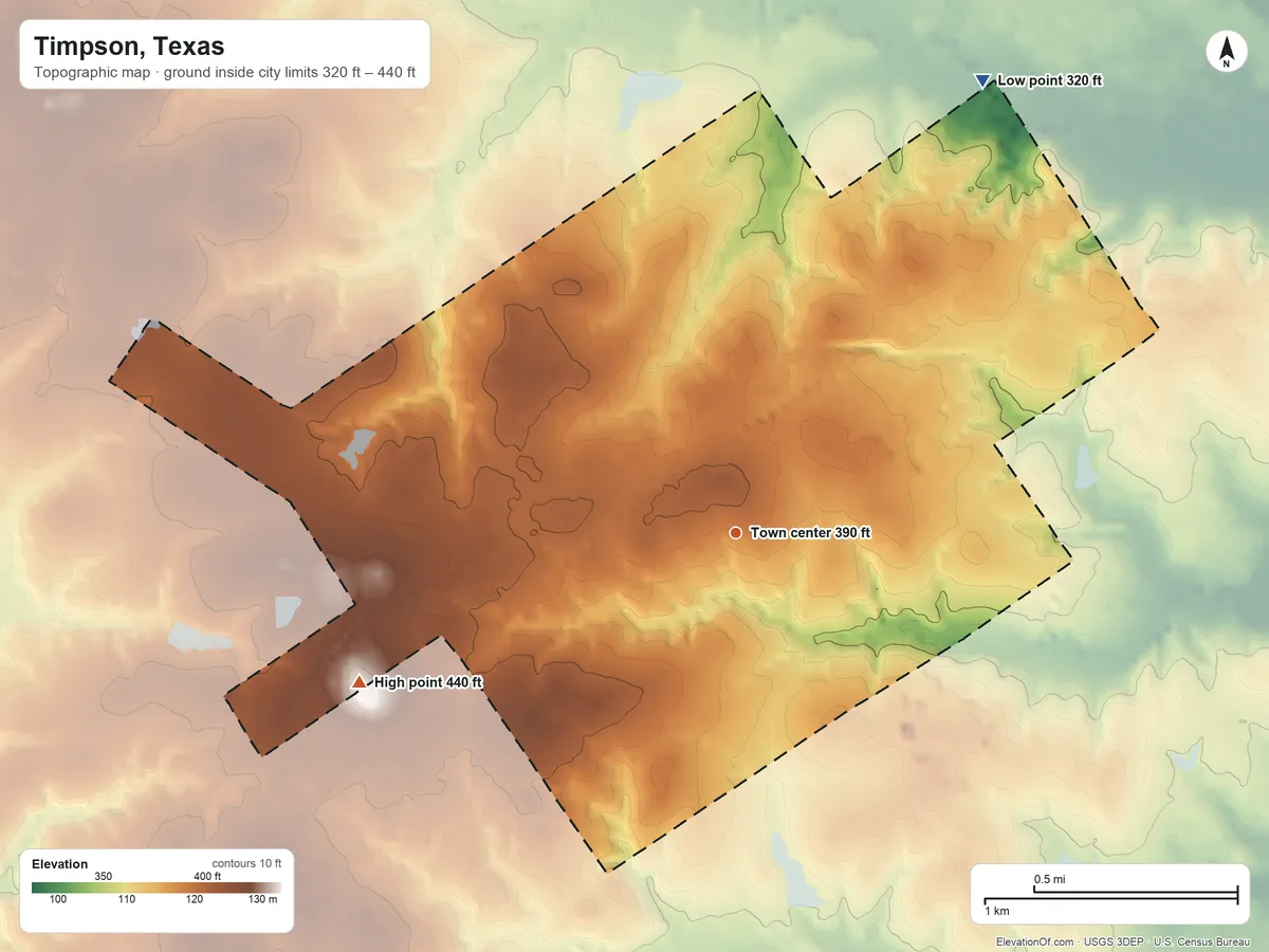 Topographic elevation map of Timpson, Texas, shaded from 320 ft on the northeast side to 440 ft on the west side