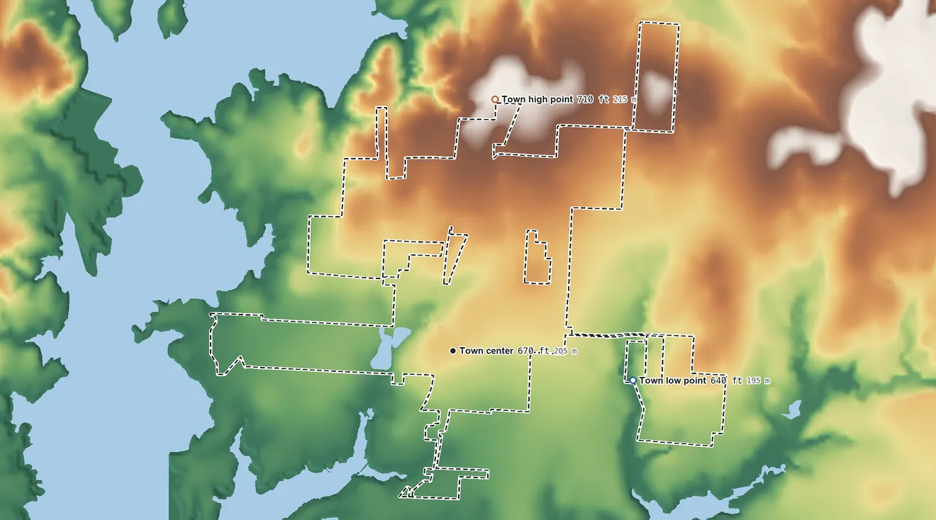 Topographic elevation map of Tioga, Texas, shaded from 640 ft on the east side to 710 ft on the north side
