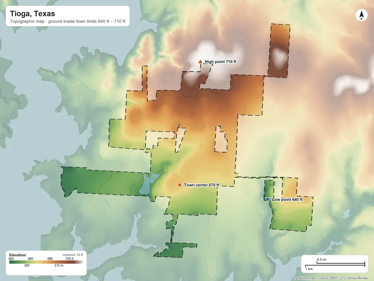Topographic elevation map of Tioga, Texas, shaded from 640 ft on the east side to 710 ft on the north side