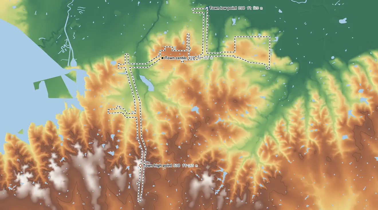Topographic elevation map of Tira, Texas, shaded from 390 ft on the northeast side to 530 ft on the south side