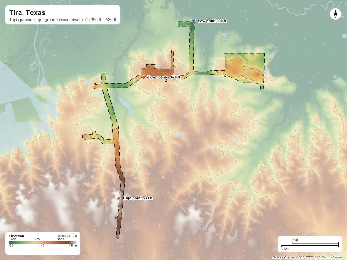 Topographic elevation map of Tira, Texas, shaded from 390 ft on the northeast side to 530 ft on the south side