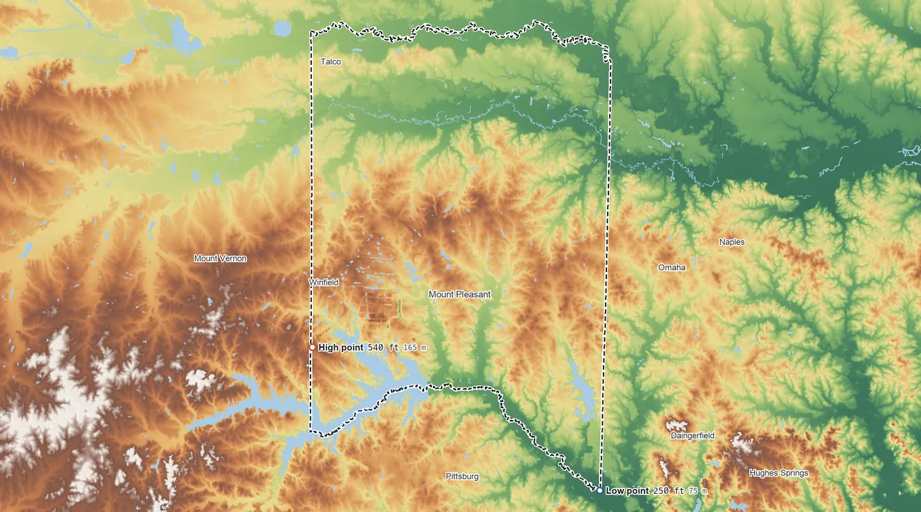 Topographic elevation map of Titus County, Texas, shaded from 250 ft on the southeast side to 540 ft on the southwest side