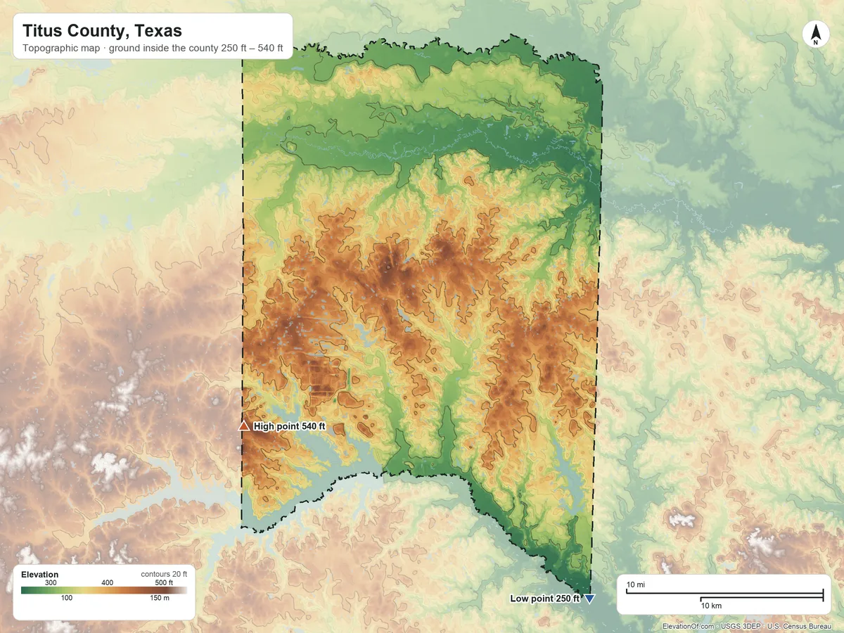 Topographic elevation map of Titus County, Texas, shaded from 250 ft on the southeast side to 540 ft on the southwest side